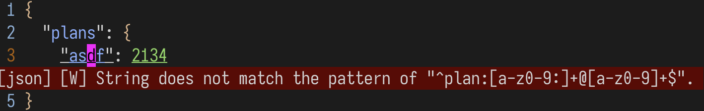 screenshot of vim showing a warning about invalid pricing.json